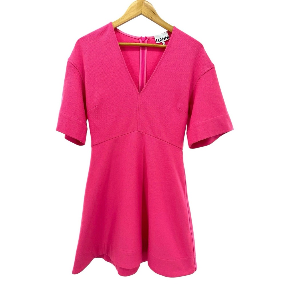 GANNI Hot Pink Mini‎ Dress V-Neck Short Sleeve A-Line Scandi Chic Size 38 US 6 - Picture 2 of 7